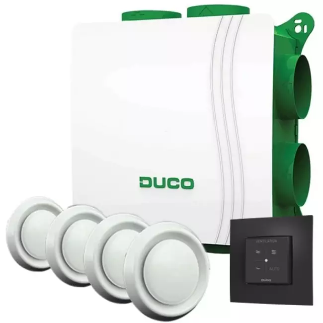 DucoBox alles-in-een pakket DucoBox Silent Connect 400 m³/h + RFT zender + 4 ventielen - randaarde stekker